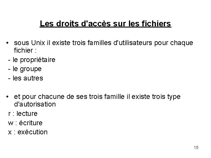 Les droits d'accès sur les fichiers • sous Unix il existe trois familles d'utilisateurs