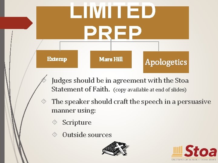 LIMITED PREP Extemp Mars Hill Apologetics Judges should be in agreement with the Stoa