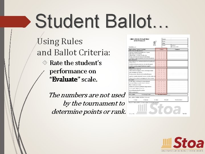 Student Ballot… Using Rules and Ballot Criteria: Rate the student’s performance on “Evaluate” scale.