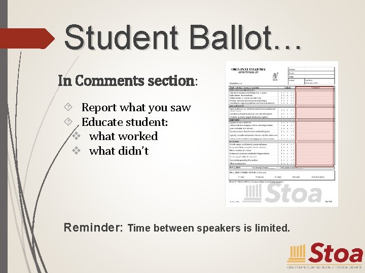 Student Ballot… In Comments section: Report what you saw Educate student: v what worked