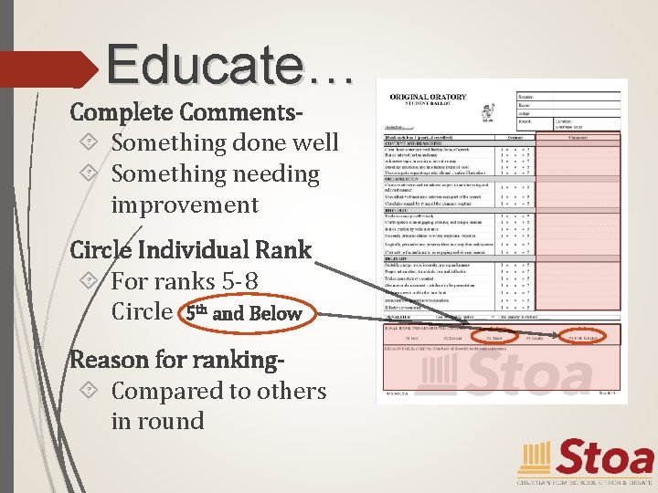 Educate… Complete Comments Something done well Something needing improvement Circle Individual Rank For ranks