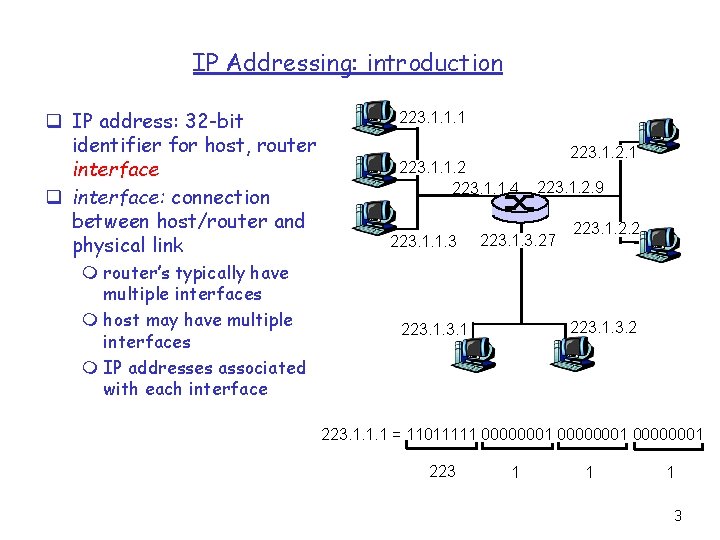 IP Addressing: introduction q IP address: 32 -bit identifier for host, router interface q