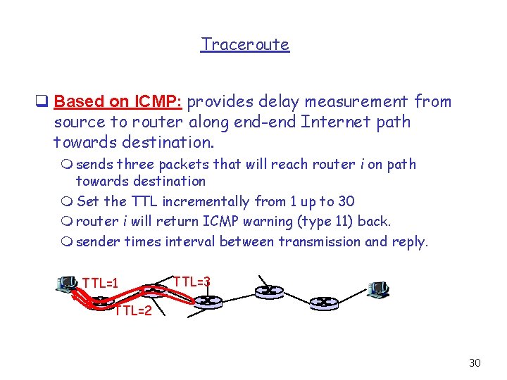 Traceroute q Based on ICMP: provides delay measurement from source to router along end-end