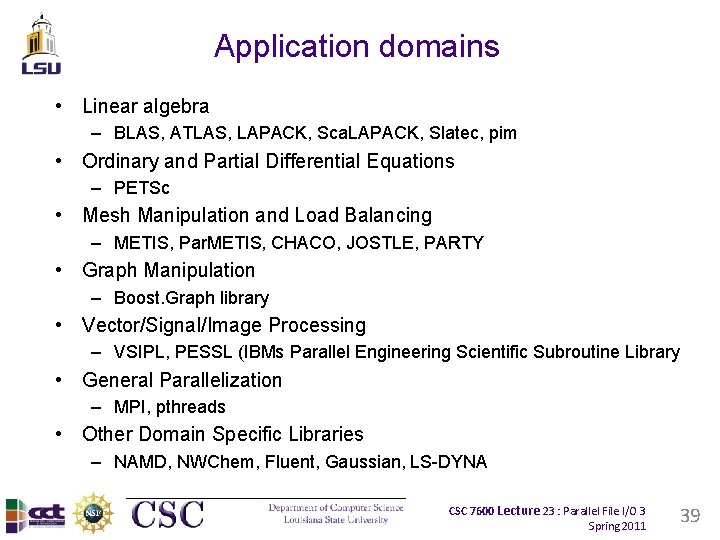 Application domains • Linear algebra – BLAS, ATLAS, LAPACK, Sca. LAPACK, Slatec, pim •