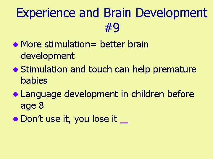 Experience and Brain Development #9 l More stimulation= better brain development l Stimulation and