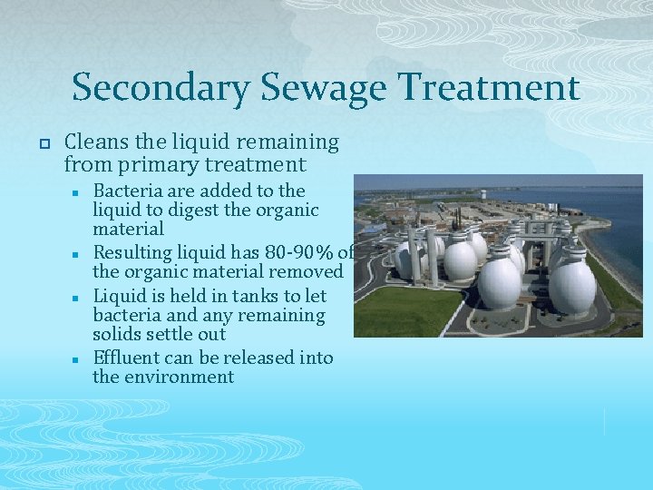 Secondary Sewage Treatment p Cleans the liquid remaining from primary treatment n n Bacteria