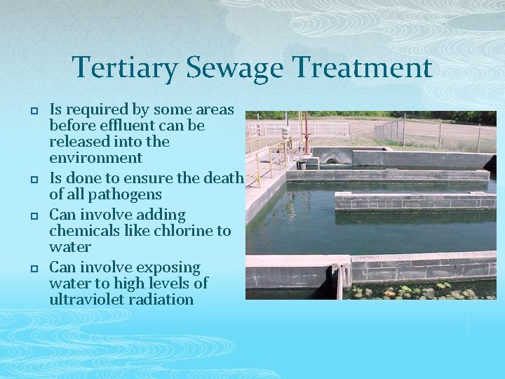 Tertiary Sewage Treatment p p Is required by some areas before effluent can be