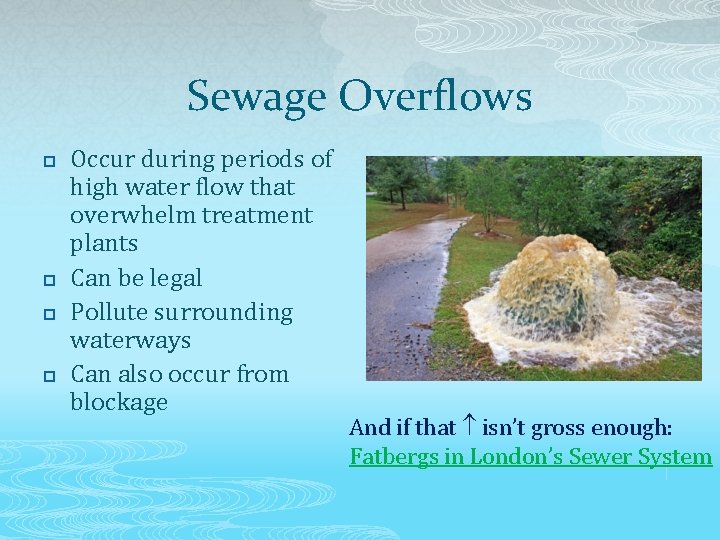Sewage Overflows p p Occur during periods of high water flow that overwhelm treatment