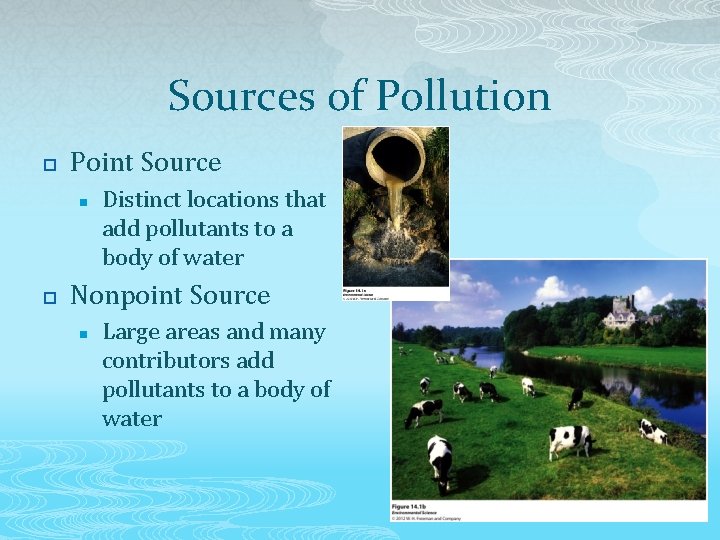 Sources of Pollution p Point Source n p Distinct locations that add pollutants to