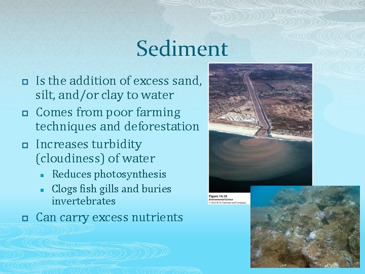 Sediment p p p Is the addition of excess sand, silt, and/or clay to