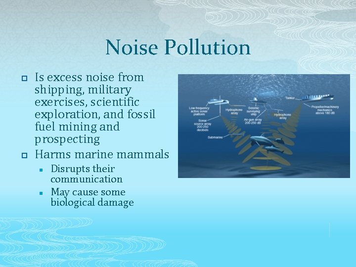 Noise Pollution p p Is excess noise from shipping, military exercises, scientific exploration, and