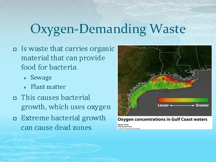 Oxygen-Demanding Waste p Is waste that carries organic material that can provide food for