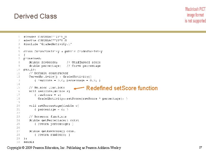 Derived Class Redefined set. Score function Copyright © 2009 Pearson Education, Inc. Publishing as