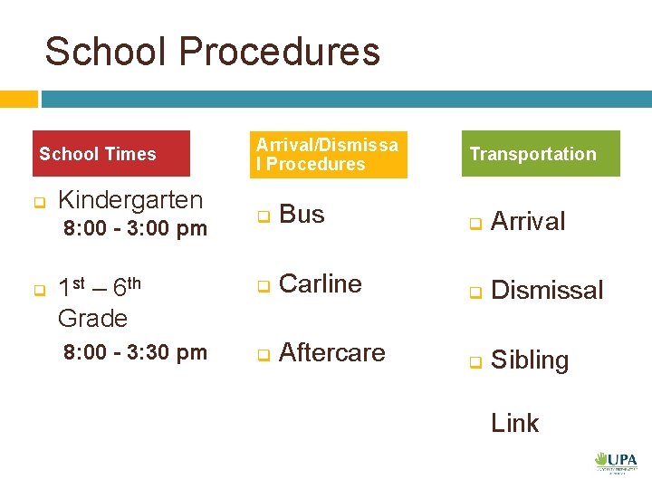 School Procedures School Times q Kindergarten 8: 00 - 3: 00 pm q 1