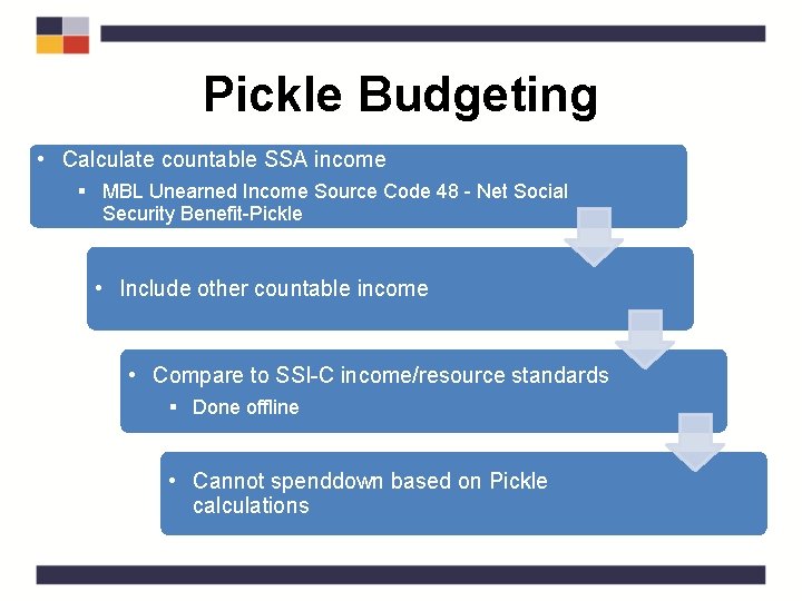 Pickle Budgeting • Calculate countable SSA income § MBL Unearned Income Source Code 48