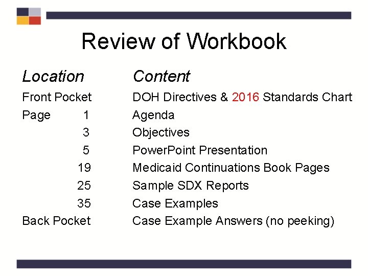 Review of Workbook Location Content Front Pocket Page 1 3 5 19 25 35