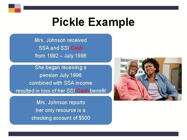 Pickle Example Mrs. Johnson received SSA and SSI-Cash from 1992 – July 1996 She