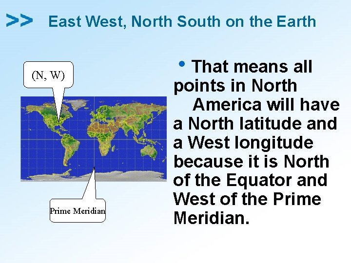 East West, North South on the Earth (N, W) Prime Meridian h. That means