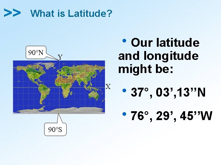 What is Latitude? 90°N h. Our latitude and longitude might be: Y X h