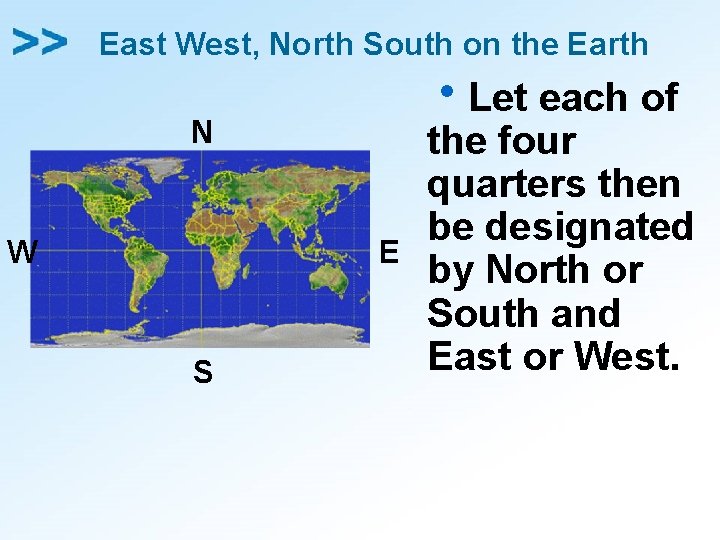 East West, North South on the Earth N W E S h. Let each