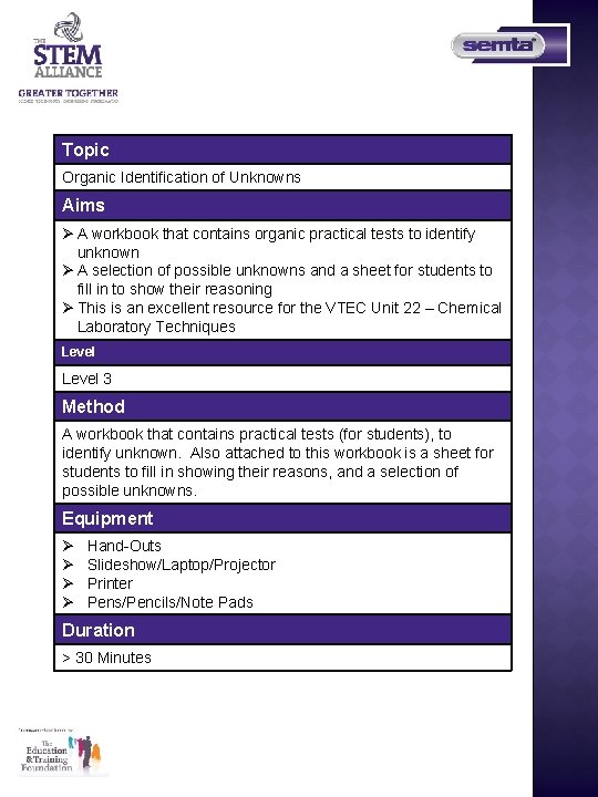 Topic Organic Identification of Unknowns Aims Ø A workbook that contains organic practical tests