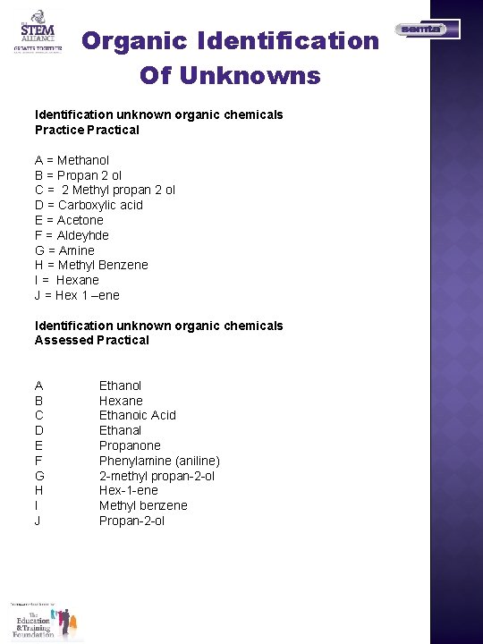 Organic Identification Of Unknowns Identification unknown organic chemicals Practice Practical A = Methanol B