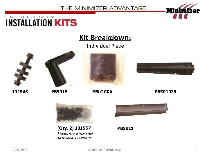 Kit Breakdown: Individual Piece 101546 PB 5015 PBLOCKA (Qty. 2) 101557 *Bolts, Nuts &