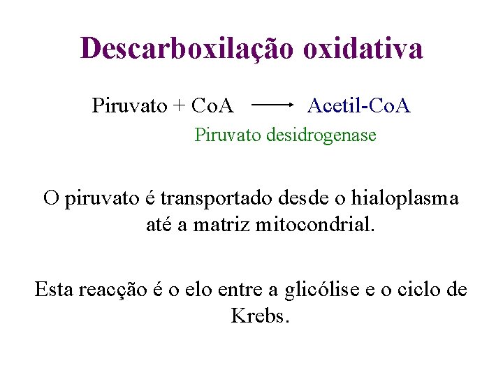 Descarboxilação oxidativa Piruvato + Co. A Acetil-Co. A Piruvato desidrogenase O piruvato é transportado Descarboxilação oxidativa Piruvato + Co. A Acetil-Co. A Piruvato desidrogenase O piruvato é transportado