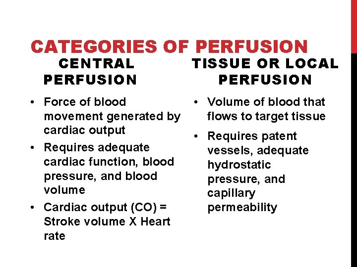 CATEGORIES OF PERFUSION CENTRAL PERFUSION TISSUE OR LOCAL PERFUSION • Force of blood •