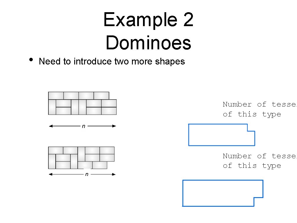  • Example 2 Dominoes Need to introduce two more shapes Number of tessel