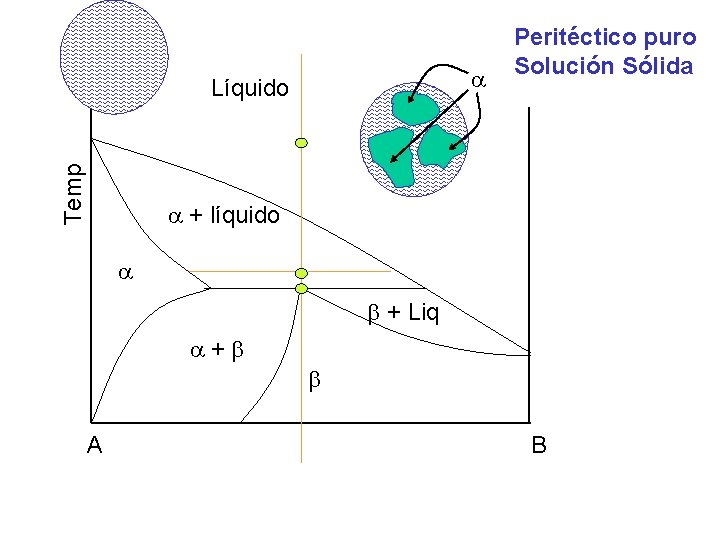 Temp Líquido Peritéctico puro Solución Sólida + líquido + Liq + A B Temp Líquido Peritéctico puro Solución Sólida + líquido + Liq + A B