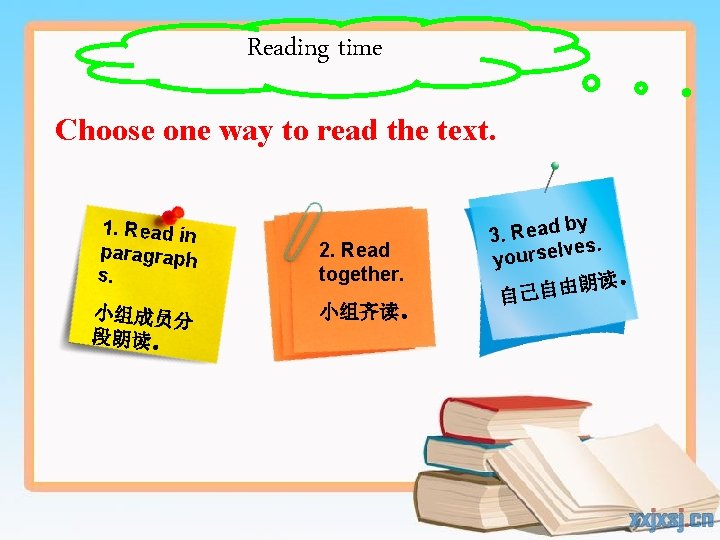 Reading time Choose one way to read the text. 1. Read in paragraph s.