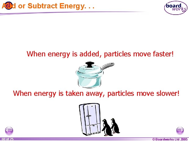 Add or Subtract Energy. . . When energy is added, particles move faster! When