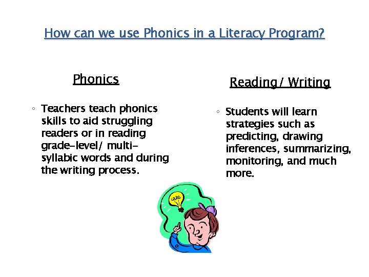 How can we use Phonics in a Literacy Program? Phonics ◦ Teachers teach phonics How can we use Phonics in a Literacy Program? Phonics ◦ Teachers teach phonics