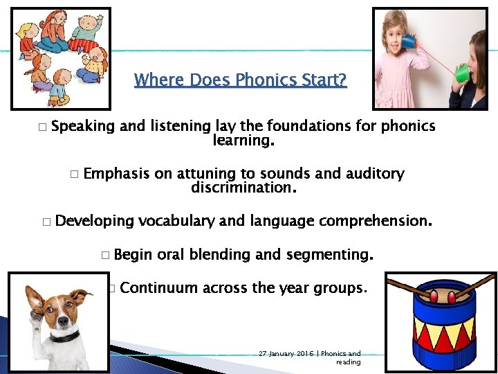 Where Does Phonics Start? � Speaking and listening lay the foundations for phonics learning. Where Does Phonics Start? � Speaking and listening lay the foundations for phonics learning.