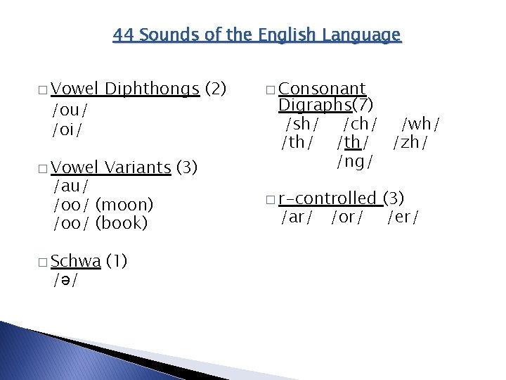 44 Sounds of the English Language � Vowel Diphthongs (2) � Vowel Variants (3) 44 Sounds of the English Language � Vowel Diphthongs (2) � Vowel Variants (3)