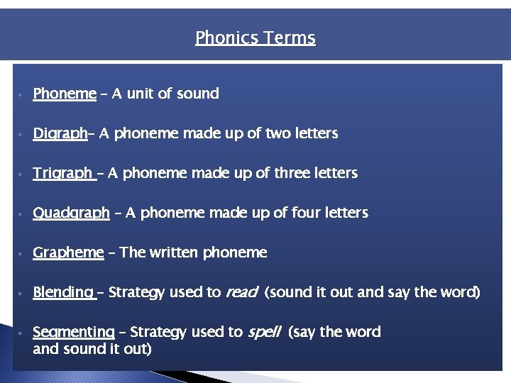 Phonics Terms § Phoneme – A unit of sound § Digraph– A phoneme made Phonics Terms § Phoneme – A unit of sound § Digraph– A phoneme made