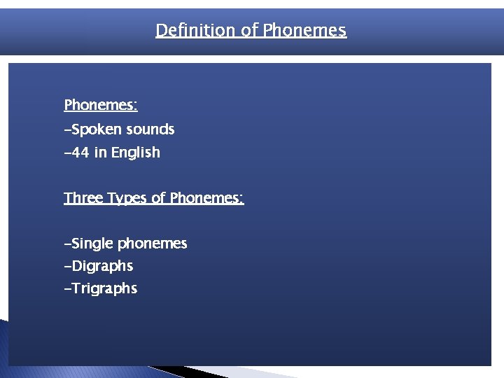 Definition of Phonemes: -Spoken sounds -44 in English Three Types of Phonemes: -Single phonemes Definition of Phonemes: -Spoken sounds -44 in English Three Types of Phonemes: -Single phonemes