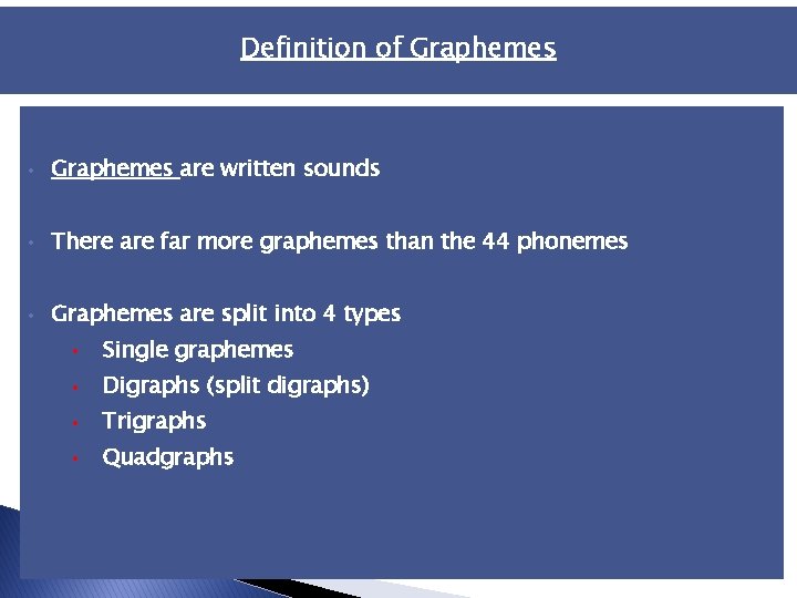 Definition of Graphemes • Graphemes are written sounds • There are far more graphemes Definition of Graphemes • Graphemes are written sounds • There are far more graphemes