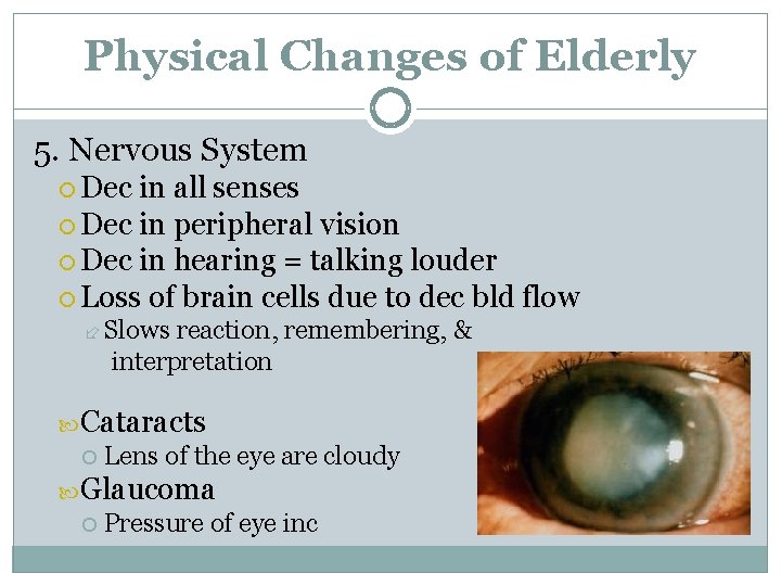 Physical Changes of Elderly 5. Nervous System Dec in all senses Dec in peripheral
