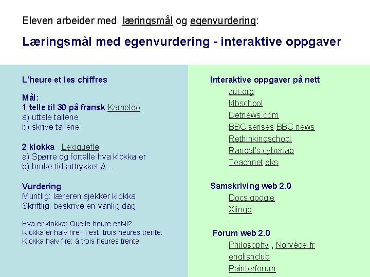 Eleven arbeider med læringsmål og egenvurdering: Læringsmål med egenvurdering - interaktive oppgaver L’heure et