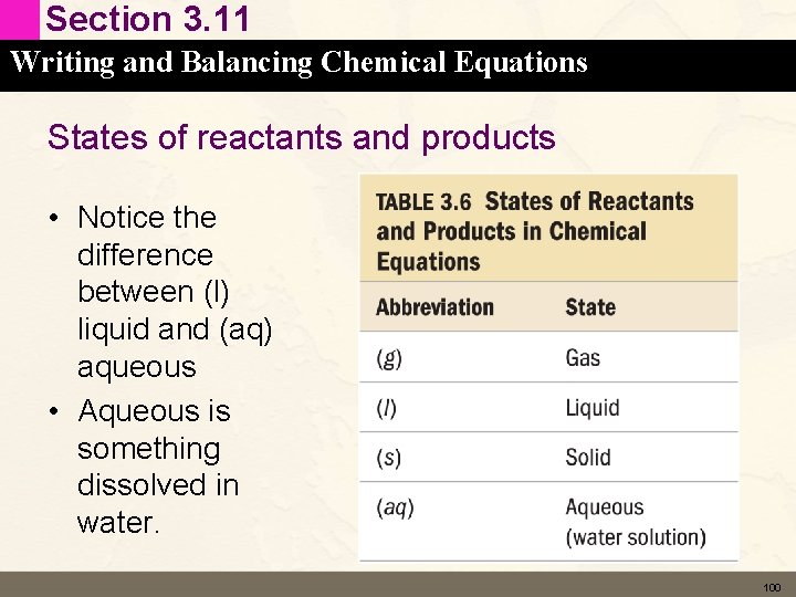 Section 3. 11 Writing and Balancing Chemical Equations States of reactants and products •