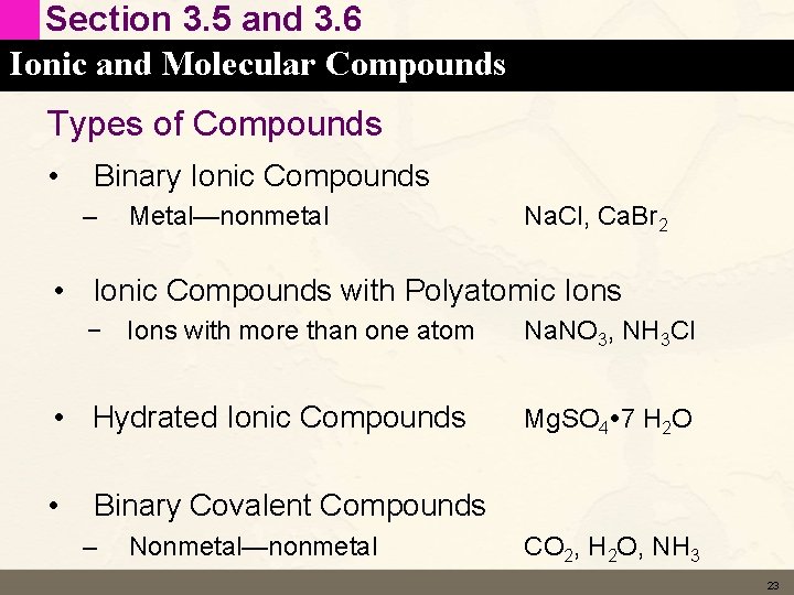 Section 3. 5 and 3. 6 Ionic and Molecular Compounds Types of Compounds •