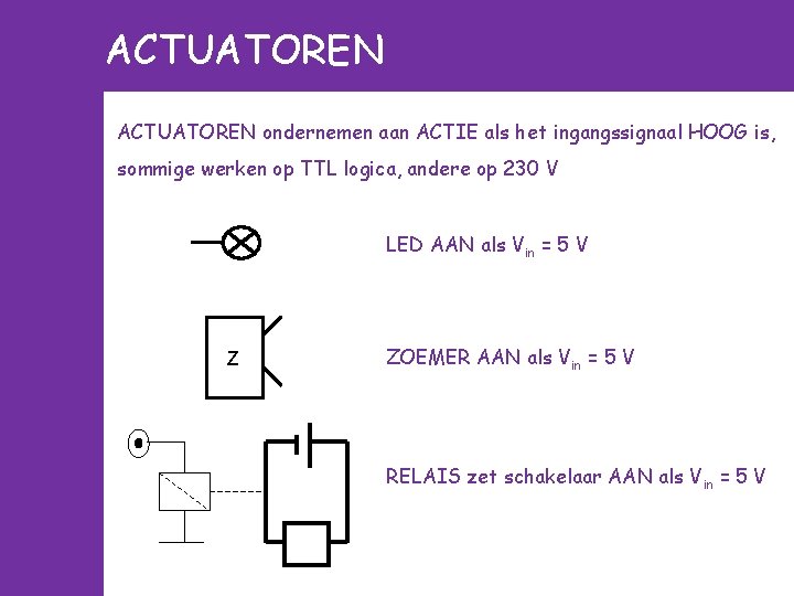 ACTUATOREN ondernemen aan ACTIE als het ingangssignaal HOOG is, sommige werken op TTL logica, ACTUATOREN ondernemen aan ACTIE als het ingangssignaal HOOG is, sommige werken op TTL logica,