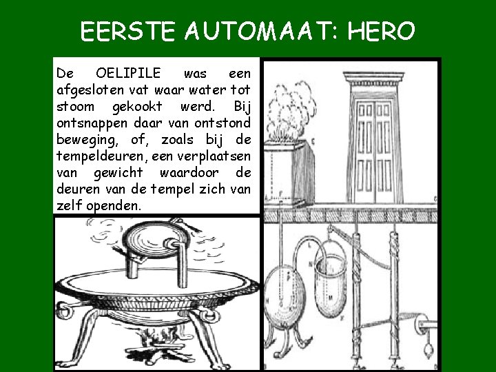 EERSTE AUTOMAAT: HERO De OELIPILE was een afgesloten vat waar water tot stoom gekookt EERSTE AUTOMAAT: HERO De OELIPILE was een afgesloten vat waar water tot stoom gekookt