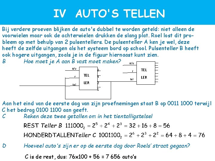 IV AUTO'S TELLEN Bij verdere proeven blijken de auto's dubbel te worden geteld: niet IV AUTO'S TELLEN Bij verdere proeven blijken de auto's dubbel te worden geteld: niet