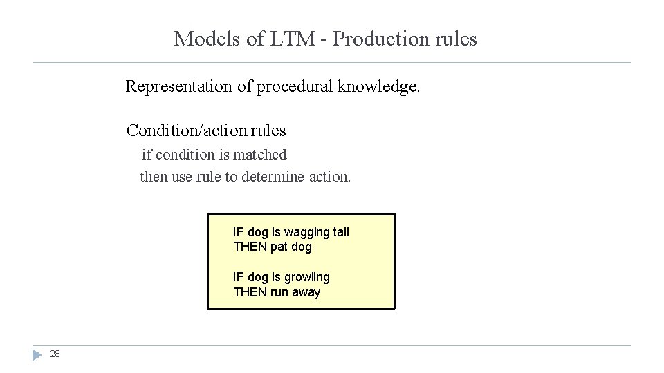 Models of LTM - Production rules Representation of procedural knowledge. Condition/action rules if condition