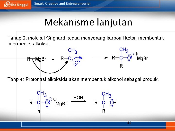 Mekanisme lanjutan Tahap 3: molekul Grignard kedua menyerang karbonil keton membentuk intermediet alkoksi. CH