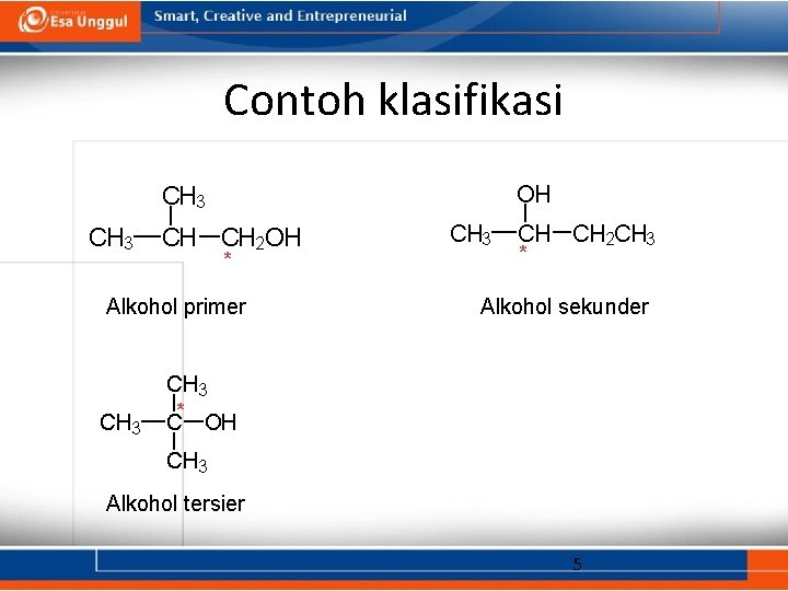 Contoh klasifikasi OH CH 3 CH CH 2 OH * Alkohol primer CH 3