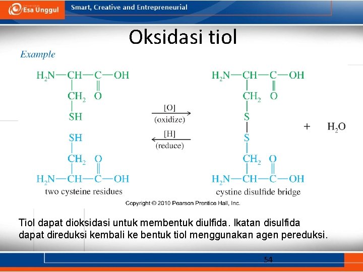 Oksidasi tiol Tiol dapat dioksidasi untuk membentuk diulfida. Ikatan disulfida dapat direduksi kembali ke